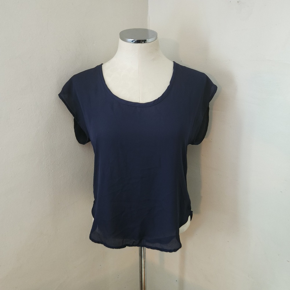 Body Central Navy Blue Cap Sleeve High Low Chiffon Blouse Top S